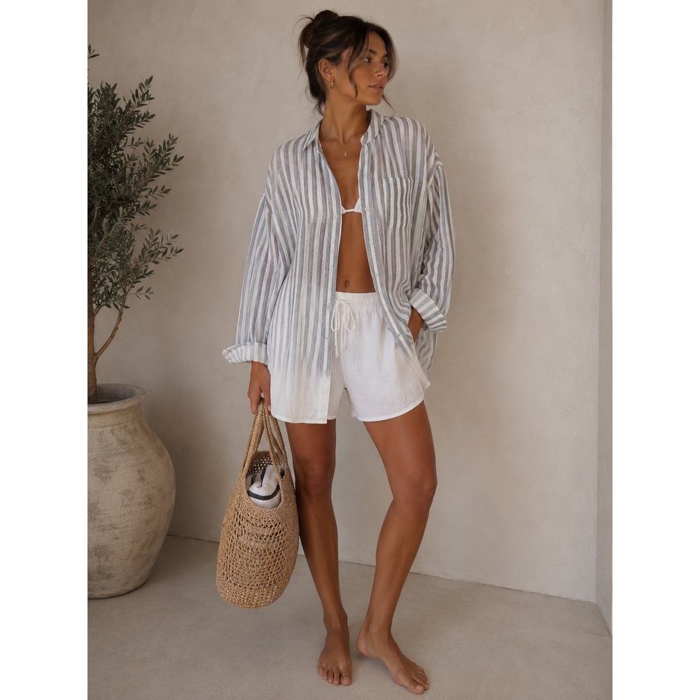 Zac & Rachel Striped Split Neck Roll Tab Blouse Medium White Gray